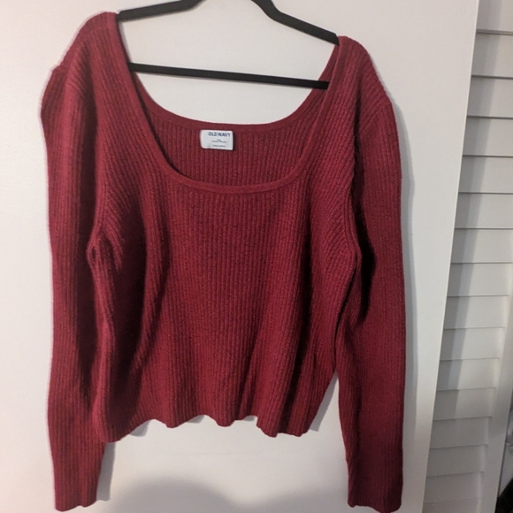 Old Navy Women's Fitted Cropped Square-Neck Rib-Knit Burgundy Heather Sweater - Picture 5 of 6